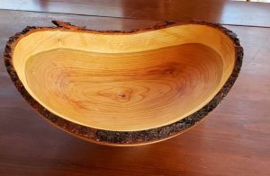 Live edge bark on Cherry bowl. Approx. 13 inches x 10 inches.
