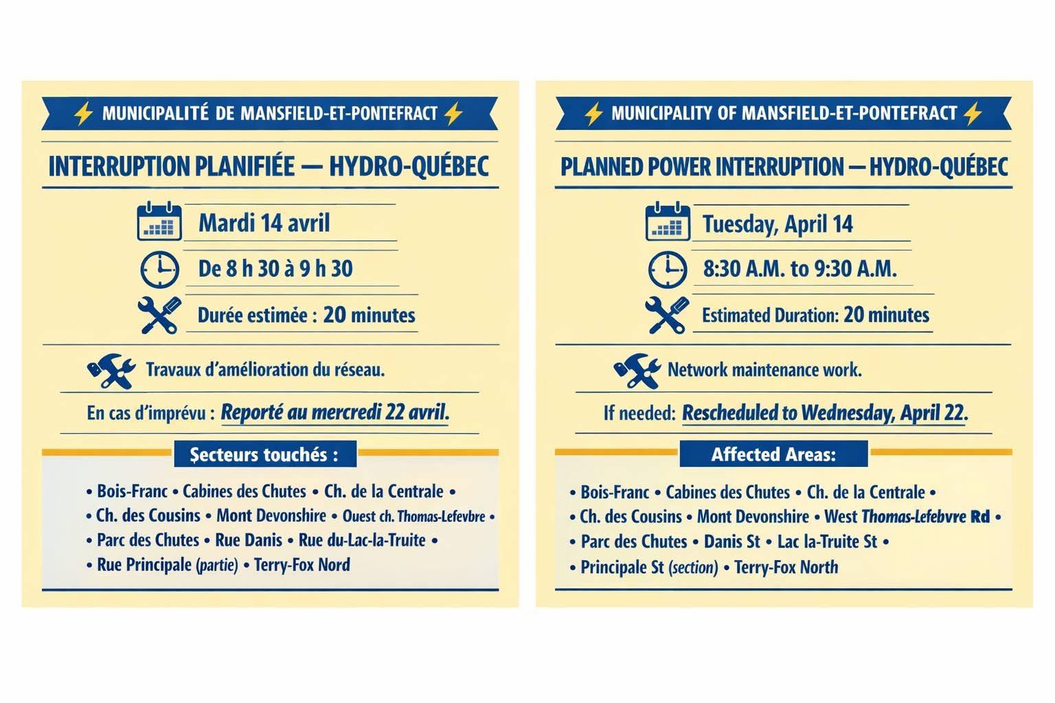 Hydro Interruption Sign Notice to residents of Mansfield-et-Pontefract: planned electrical ...